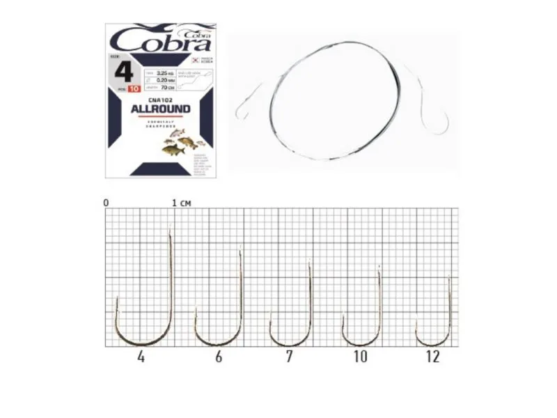 Крючки с поводком Cobra Allround 70cm, 0,14mm, разм.10, 10шт